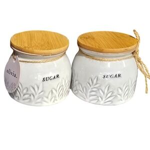 Set of 2 White Ceramic Sugar Canisters with Bamboo Lids and Jute Twine Accent